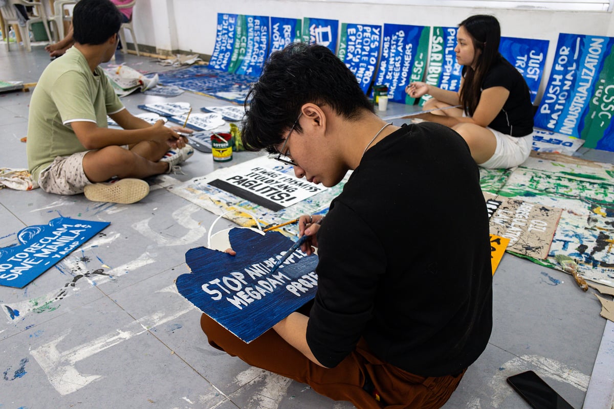 Environmental and climate advocates led by Kalikasan PNE and AGHAM create a "Typhoon Marcos" effigy on Sunday, 27 July 2025, ahead of President Ferdinand Marcos Jr.'s State of the Nation Address (SONA) on 28 July, which they say symbolizes the government's inaction on climate-related calamities.