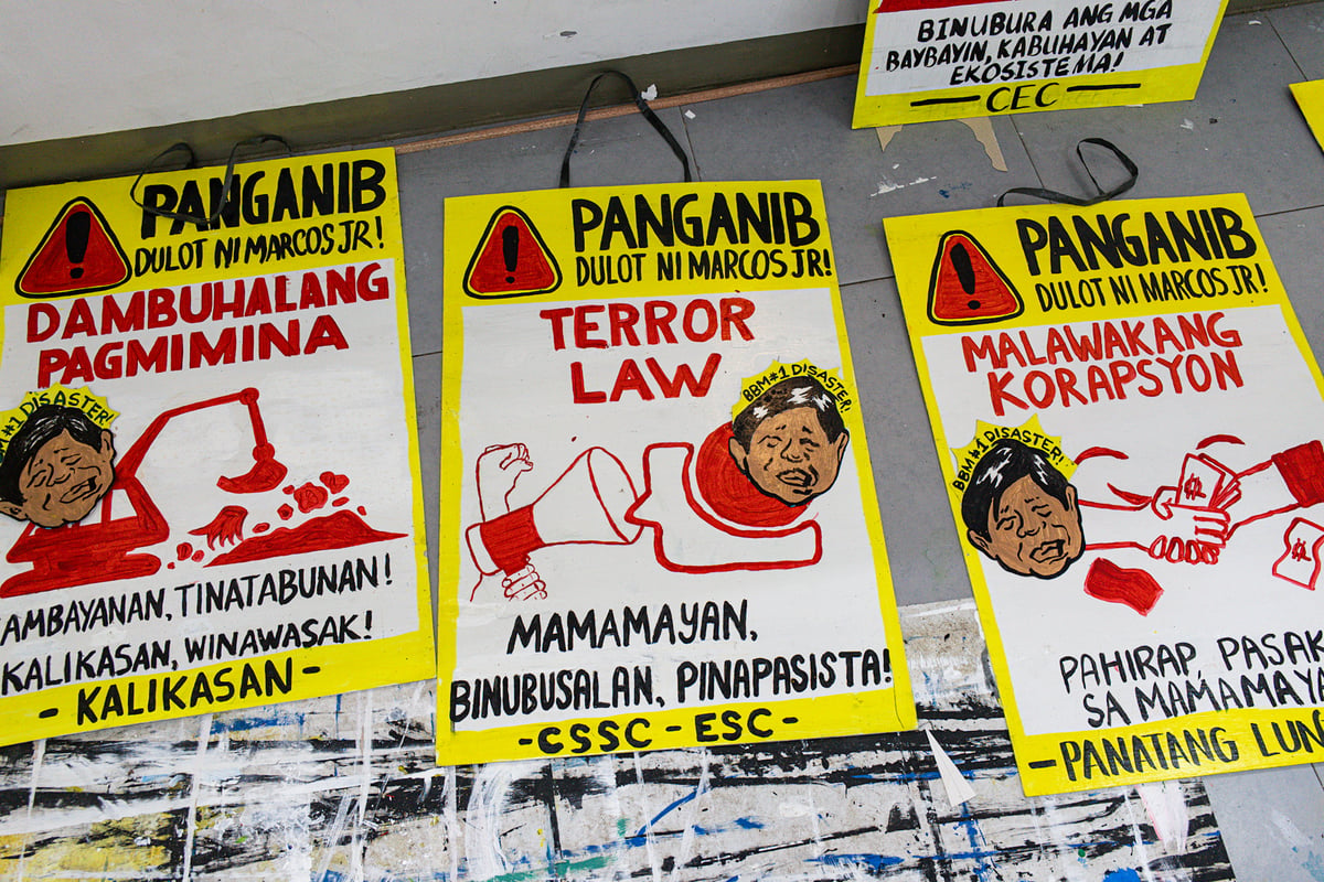 Environmental and climate advocates led by Kalikasan PNE and AGHAM create a "Typhoon Marcos" effigy on Sunday, 27 July 2025, ahead of President Ferdinand Marcos Jr.'s State of the Nation Address (SONA) on 28 July, which they say symbolizes the government's inaction on climate-related calamities.