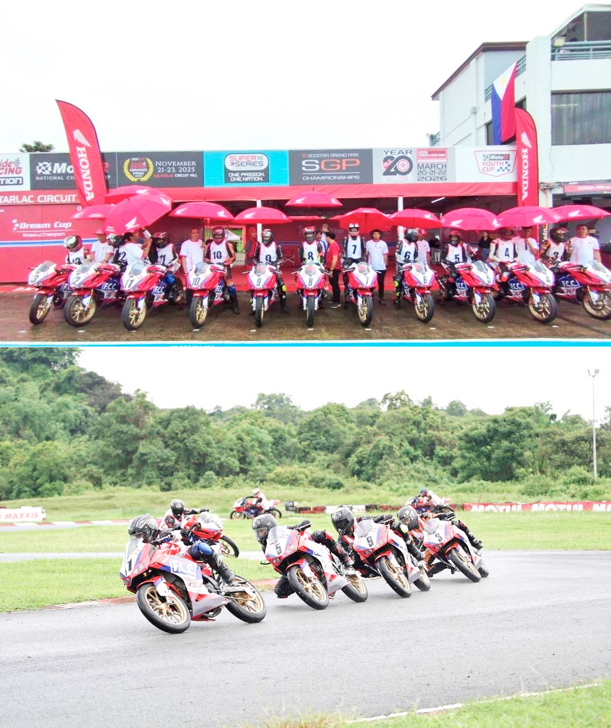 THE HPDC young riders line up under the rain and later go all out on track again.