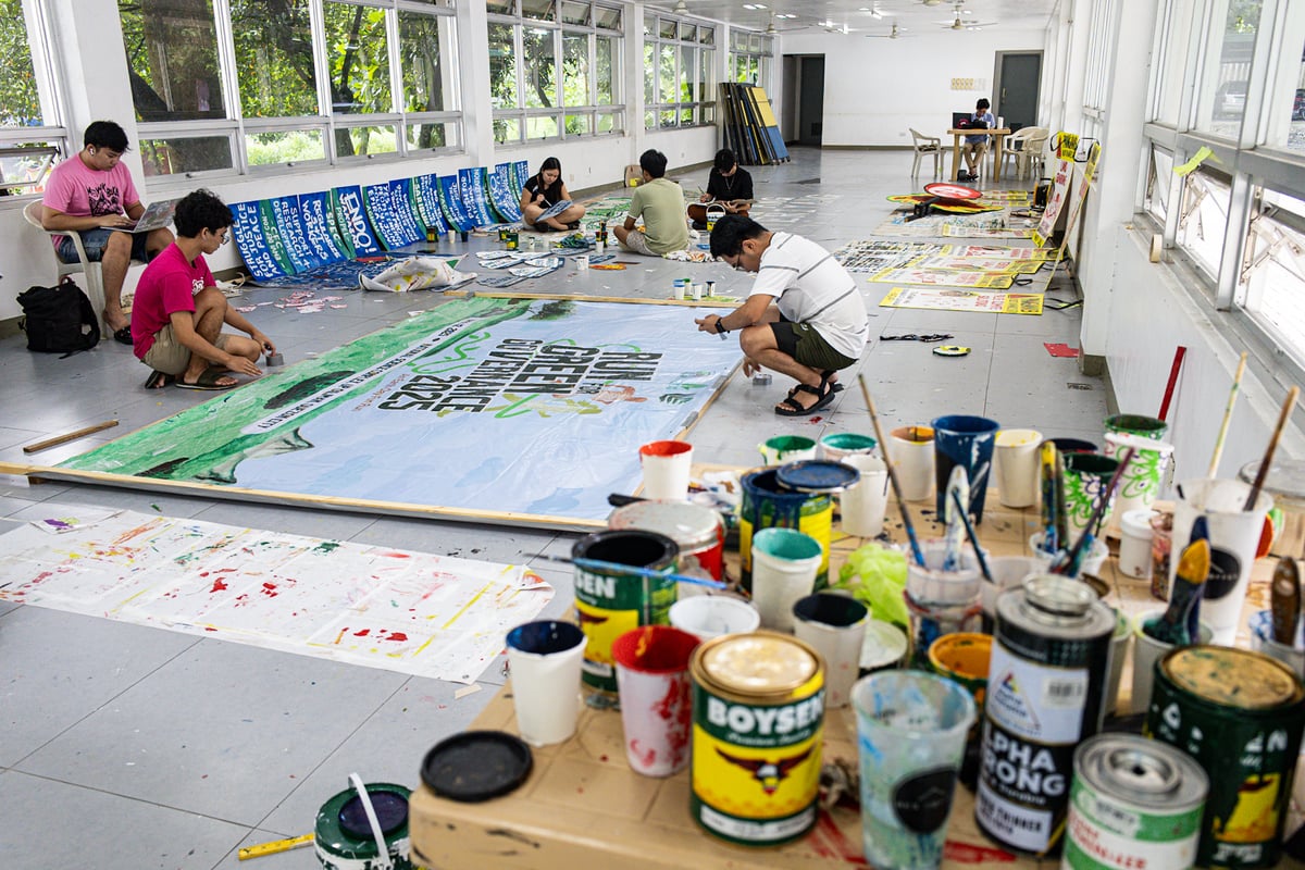 Environmental and climate advocates led by Kalikasan PNE and AGHAM create a "Typhoon Marcos" effigy on Sunday, 27 July 2025, ahead of President Ferdinand Marcos Jr.'s State of the Nation Address (SONA) on 28 July, which they say symbolizes the government's inaction on climate-related calamities.