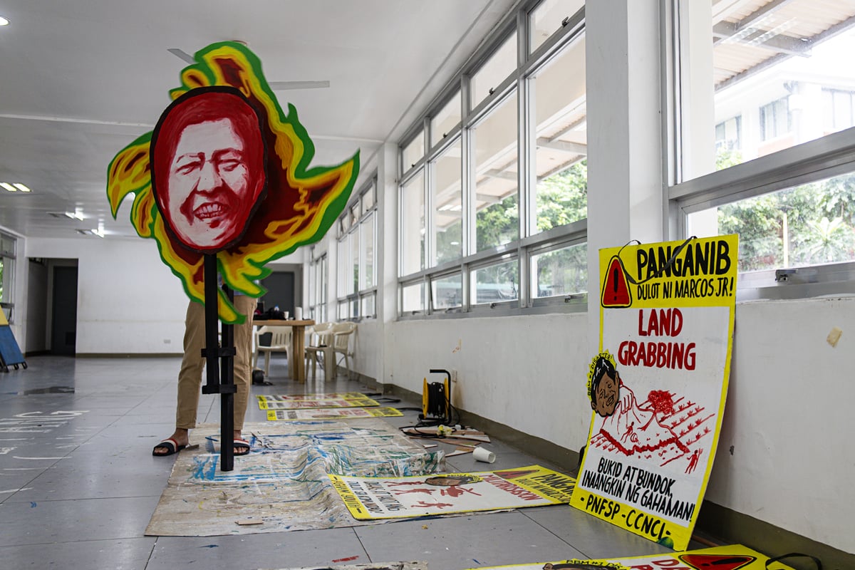 Environmental and climate advocates led by Kalikasan PNE and AGHAM create a "Typhoon Marcos" effigy on Sunday, 27 July 2025, ahead of President Ferdinand Marcos Jr.'s State of the Nation Address (SONA) on 28 July, which they say symbolizes the government's inaction on climate-related calamities.