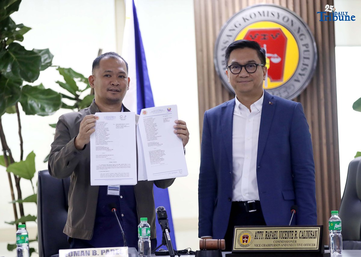 National Police Commission (NAPOLCOM) Vice Chairperson and Executive Officer Rafael Vicente R. Calinisan, along with NAPOLCOM Director for Inspection, Investigation, and Monitoring Service Edman Pares, presents to the media a filed administrative case against 12 personnel linked to the missing sabungero.