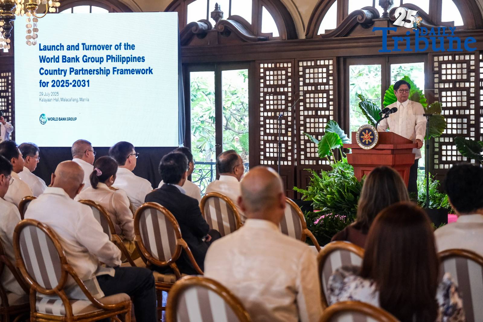 President Ferdinand R. Marcos Jr. leads the launch and ceremonial turnover of the World Bank Group Philippines Country Partnership Framework (CPF) for Fiscal Years 2026–2031 at Kalayaan Hall, Malacañan Palace on July 29, 2025. The CPF outlines the World Bank’s strategic support for the Philippines in key areas such as health, education, job creation, digitization, and climate resilience. It aligns with national priorities and supports eight of 15 key outcome areas aimed at improving the quality of life for Filipinos and tackling global challenges.