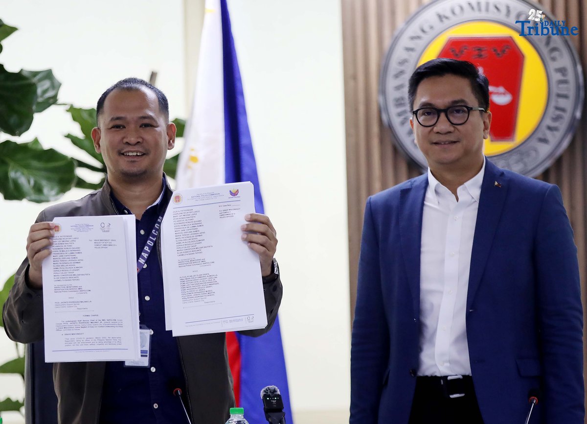 National Police Commission (NAPOLCOM) Vice Chairperson and Executive Officer Rafael Vicente R. Calinisan, along with NAPOLCOM Director for Inspection, Investigation, and Monitoring Service Edman Pares, presents to the media a filed administrative case against 12 personnel linked to the missing sabungero.