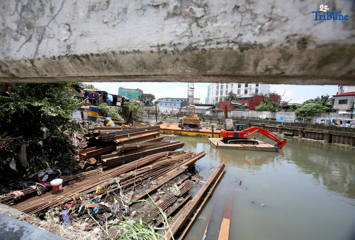 Steel sheet piles are seen at an ongoing Department of Public Works and Highways (DPWH) flood control project along the flood-prone San Juan River in Barangay Damayang Lagi, Quezon City. The construction activity comes a day after President Ferdinand Marcos Jr., in his fourth State of the Nation Address, ordered a review of all government flood control projects and a crackdown on corrupt officials linked to anomalies.