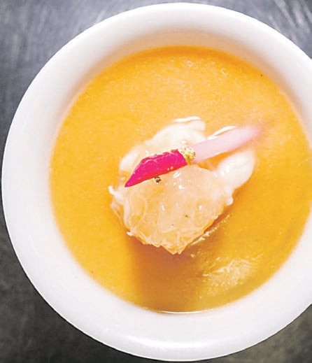 resh lobster meat and bird’s nest against a canvas of egg custard and seafood broth