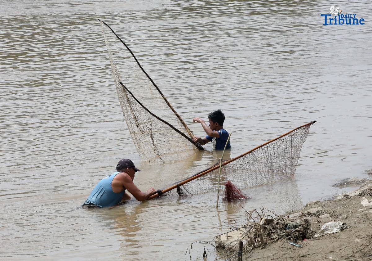 A fisherman uses traditional methods to catch freshwater tilapia at Marikina River Park in Marikina City on Wednesday. After weeks of rainfall, locals turn to fishing as a way to supplement their daily food supply.