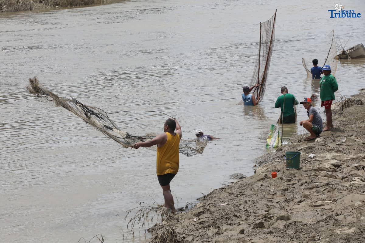 A fisherman uses traditional methods to catch freshwater tilapia at Marikina River Park in Marikina City on Wednesday. After weeks of rainfall, locals turn to fishing as a way to supplement their daily food supply.