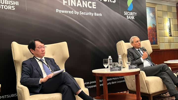 Takao Kato, representative executive director for the president and CEO of Mitsubishi Motors Corporation (left) and Security Bank Corporation president and CEO, Sanjiv Vohra, face members of the media at the sidelines of the launch of Mitsubishi Motors Finance Philippines Inc., a joint venture of the two firms offering a new financial services initiative designed to enhance the customer experience and support the growth of Mitsubishi Motors’ mobility solutions.