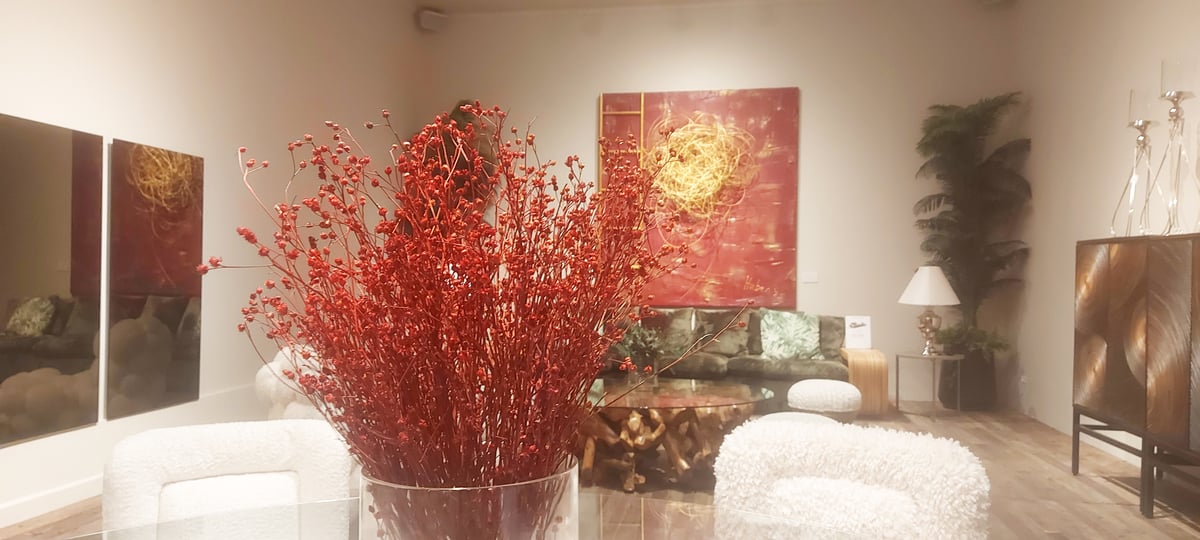 Red multimedia art incorporating old steel wirings from a demolished orphanage building.