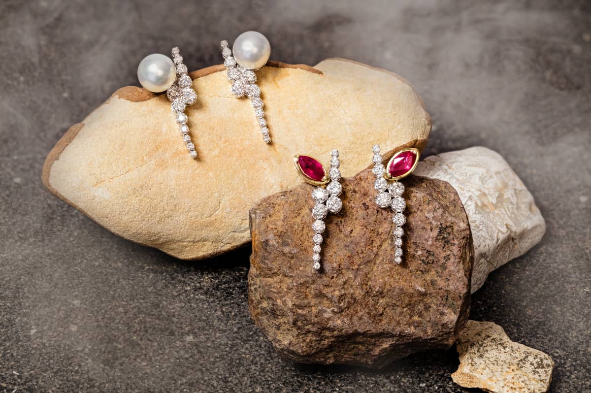 NIXIE Earrings with pearl and diamond and Cindy earrings with Burmese ruby and diamond.