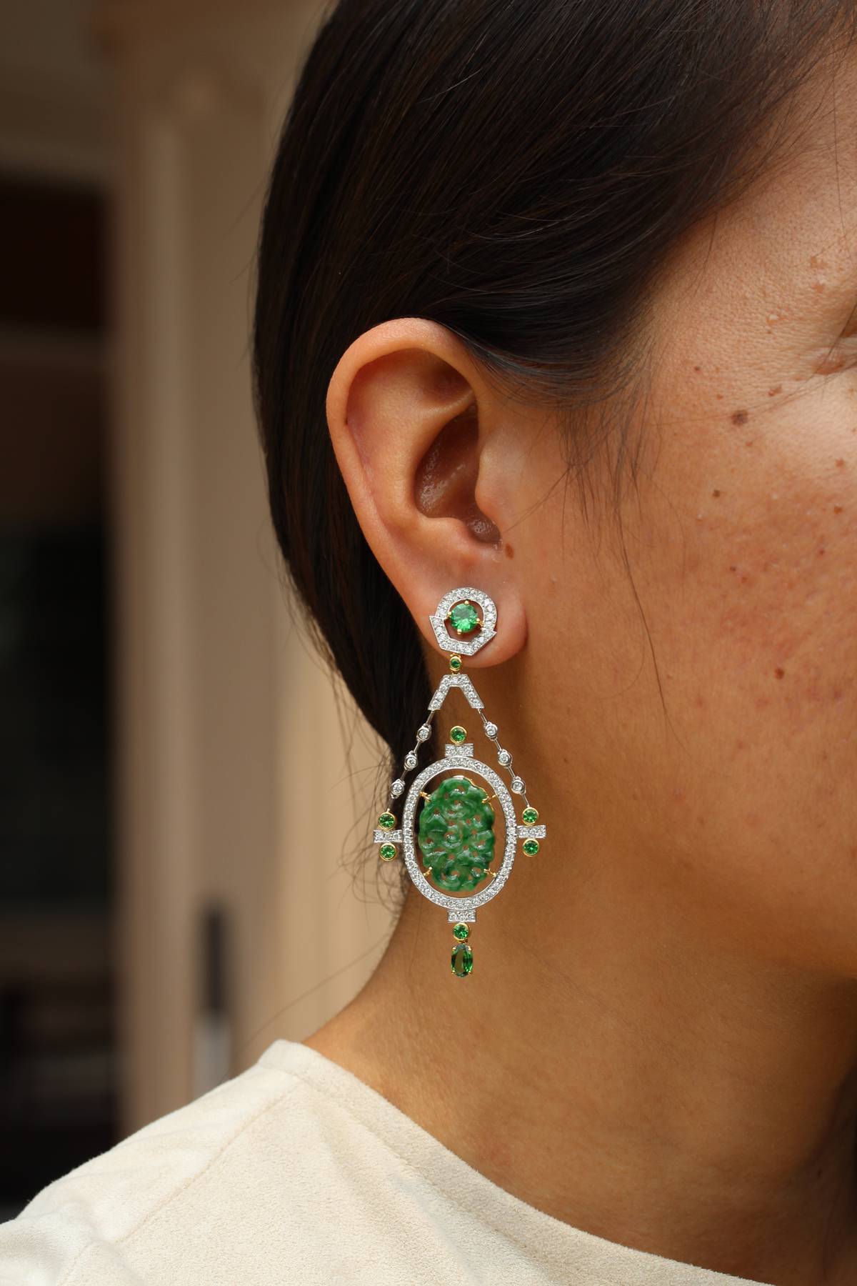 Callie Earrings with jade, tsavorite and diamonds.