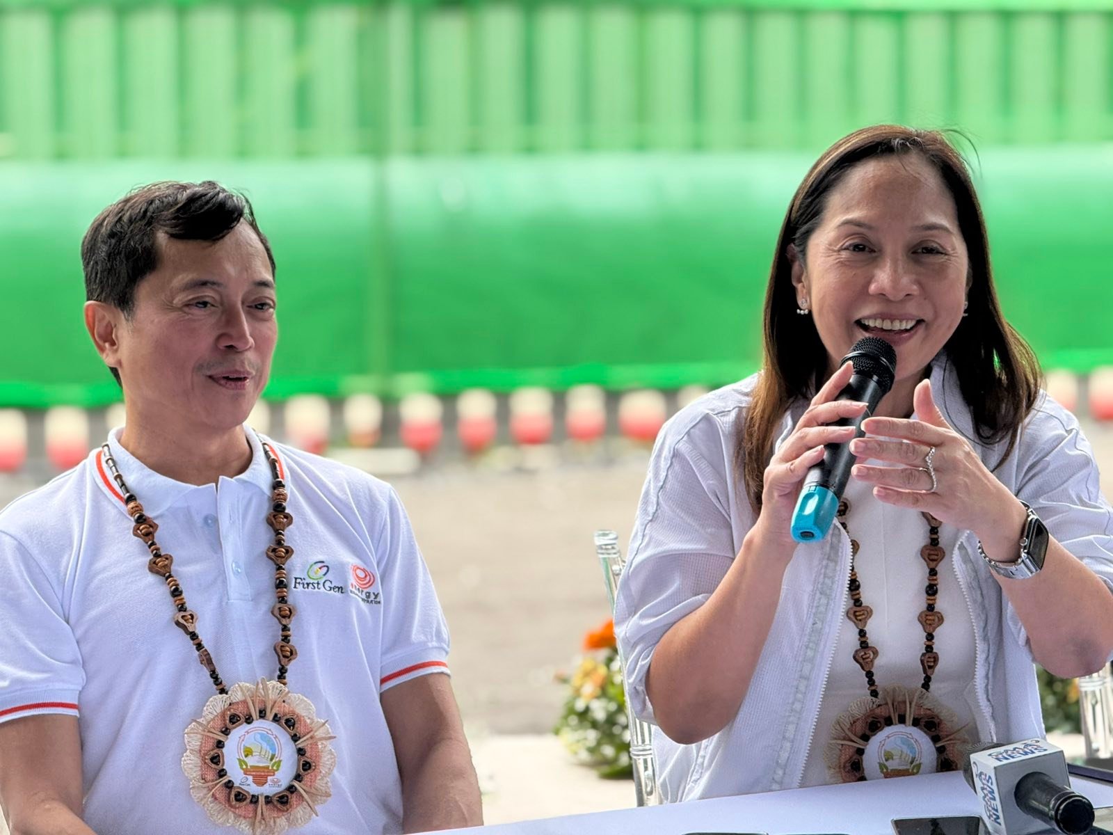 Energy Development Corp. president and COO Jerome Cainglet (left) and Energy Secretary Sharon Garin lead a media briefing following the switch-on ceremony of EDC’s 22-MW Tanawon Geothermal Facility in Sorsogon City last week.