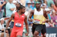 NOAH Lyles stares at Kenny Bednarek en route to winning the men’s 200-meter run in 19.63 seconds during the US trials in Oregon.