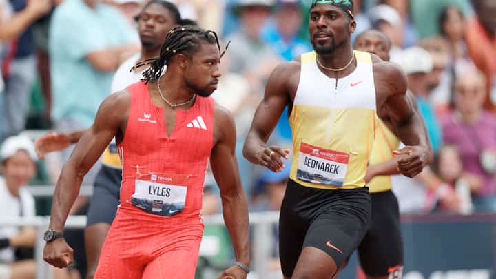 NOAH Lyles stares at Kenny Bednarek en route to winning the men’s 200-meter run in 19.63 seconds during the US trials in Oregon.