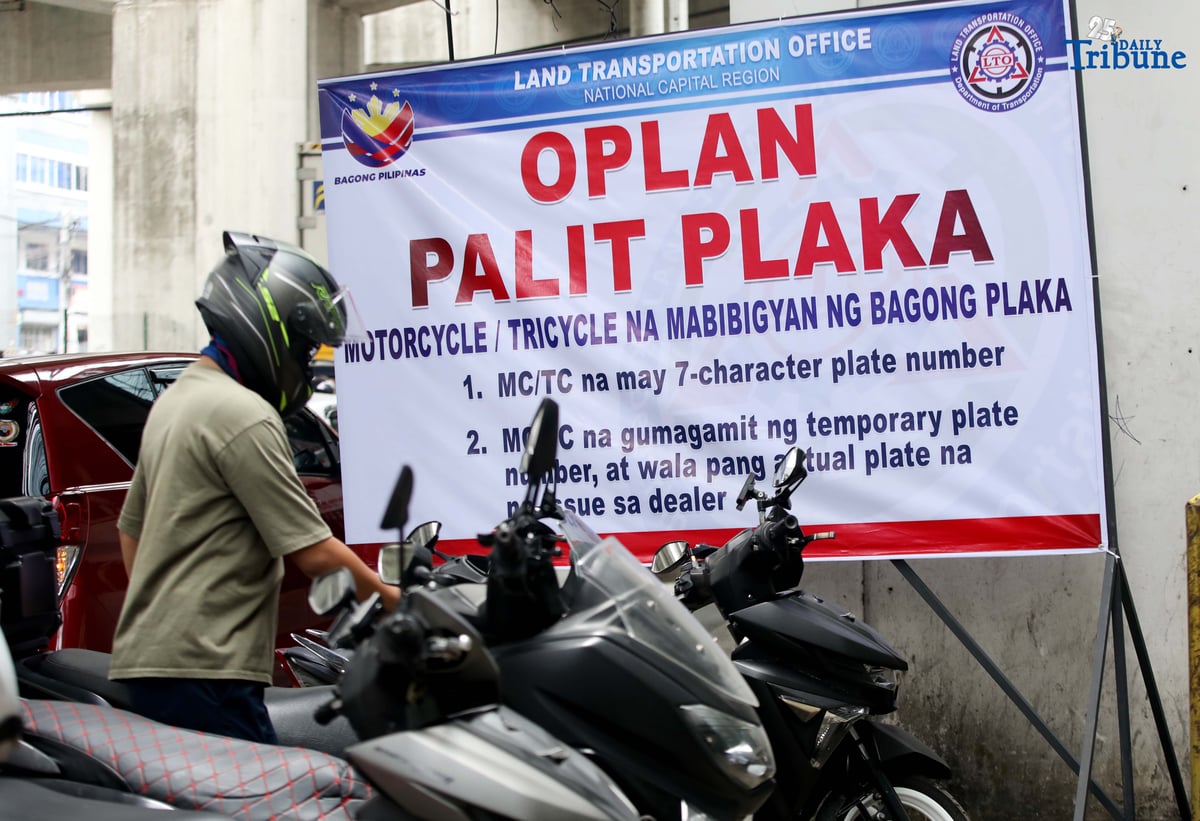 The Land Transportation Office-NCR conducts “Operation Palit Plaka” at its regional office in Quezon City, inspecting motorcycles still using MV file numbers as plates. Eligible owners were issued their assigned license plates on the spot, in line with the directive of LTO Chief Assistant Secretary Vigor D. Mendoza II requiring all motorcycles to have official plates installed by October 2025.