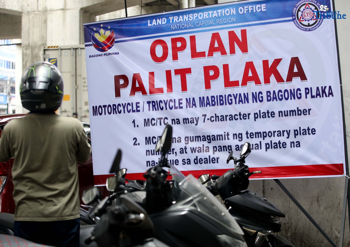 The Land Transportation Office-NCR conducts “Operation Palit Plaka” at its regional office in Quezon City, inspecting motorcycles still using MV file numbers as plates. Eligible owners were issued their assigned license plates on the spot, in line with the directive of LTO Chief Assistant Secretary Vigor D. Mendoza II requiring all motorcycles to have official plates installed by October 2025.
