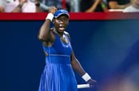 MONTREAL, CANADA - AUGUST 04: Victoria Mboko of Canada celebrates a point against Jessica Bouzas Maneiro of Spain during their quarterfinals singles women's match on Day Nine of the WTA 1000 National Bank Open at IGA Stadium on August 4, 2025 in Montreal, Quebec, Canada.
