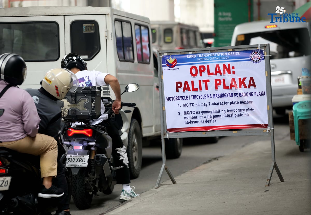 The Land Transportation Office-NCR conducts “Operation Palit Plaka” at its regional office in Quezon City, inspecting motorcycles still using MV file numbers as plates. Eligible owners were issued their assigned license plates on the spot, in line with the directive of LTO Chief Assistant Secretary Vigor D. Mendoza II requiring all motorcycles to have official plates installed by October 2025.