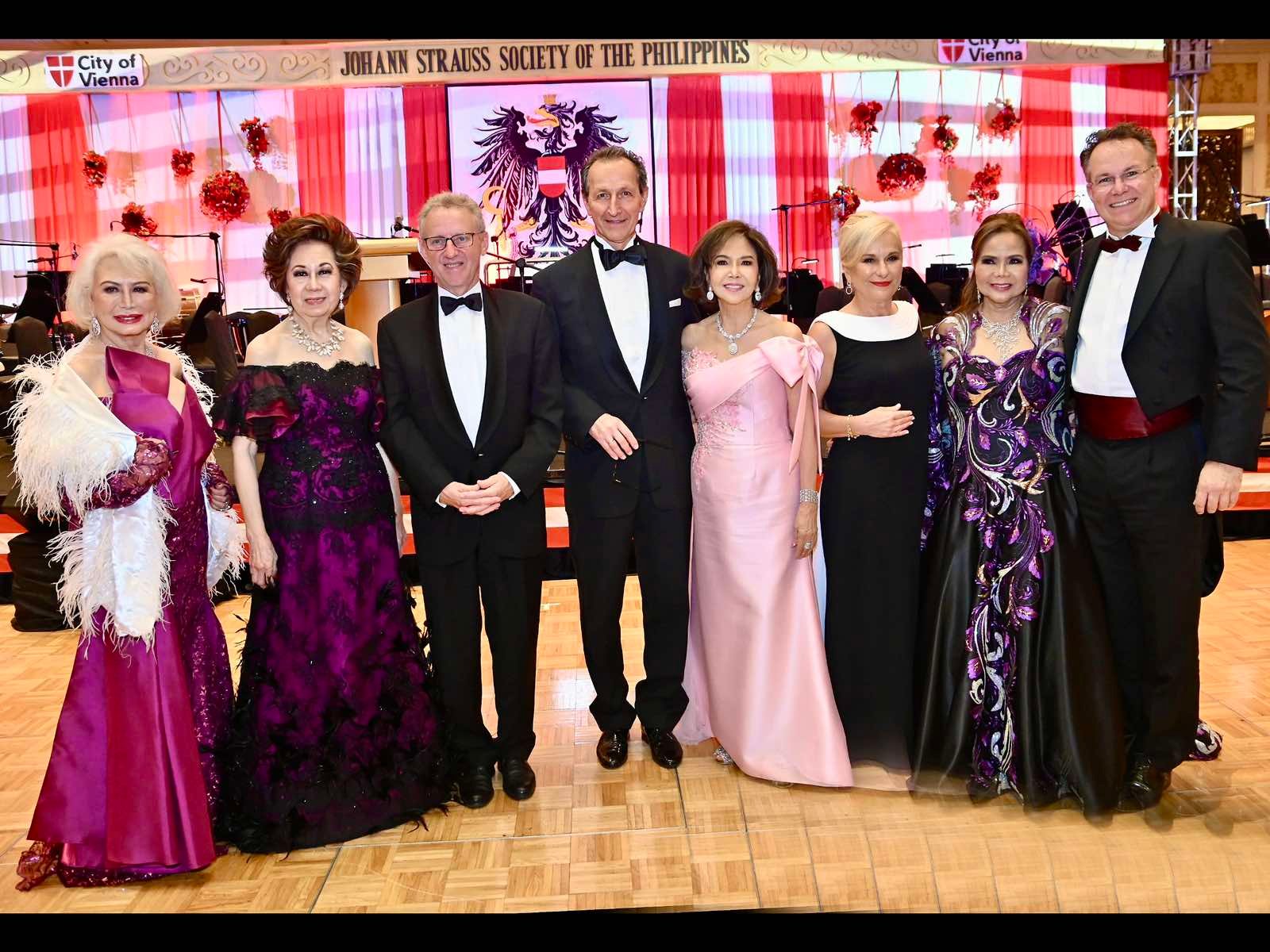 Virgie Lane, JSSP president Olga Severino Martel, H.E. Ernst Woller, Deputy Mayor and President of the Vienna State Parliament, HE Amb of Austria Johann Brieger, JSSP chairman Fortune Ledesma, Mme Roswitha Brieger, Marissa Fenton and Maestro Rainer Roos.