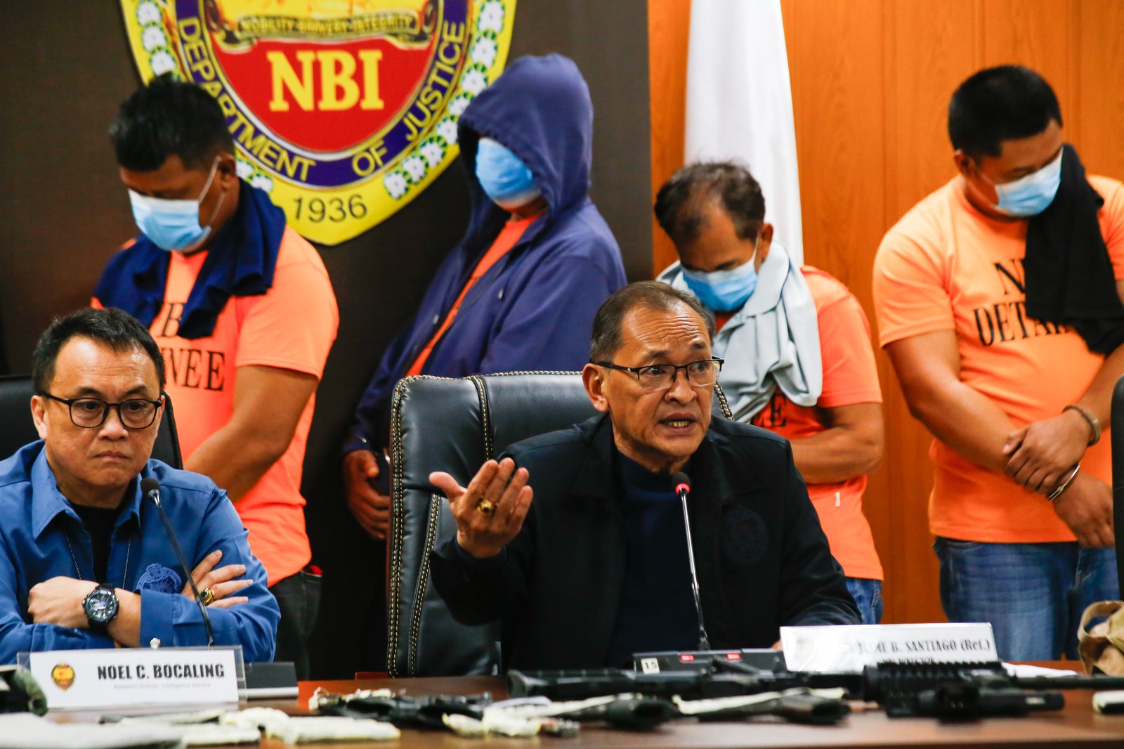 San Simon Mayor Abundio Punsalan Jr., along with his security detail, is presented by the National Bureau of Investigation in Pasay City on 7 August 2025. They were arrested Tuesday night in an entrapment operation over allegations of extortion. The mayor allegedly accepted an initial bribe of ₱30 million in exchange for a favorable local government resolution.