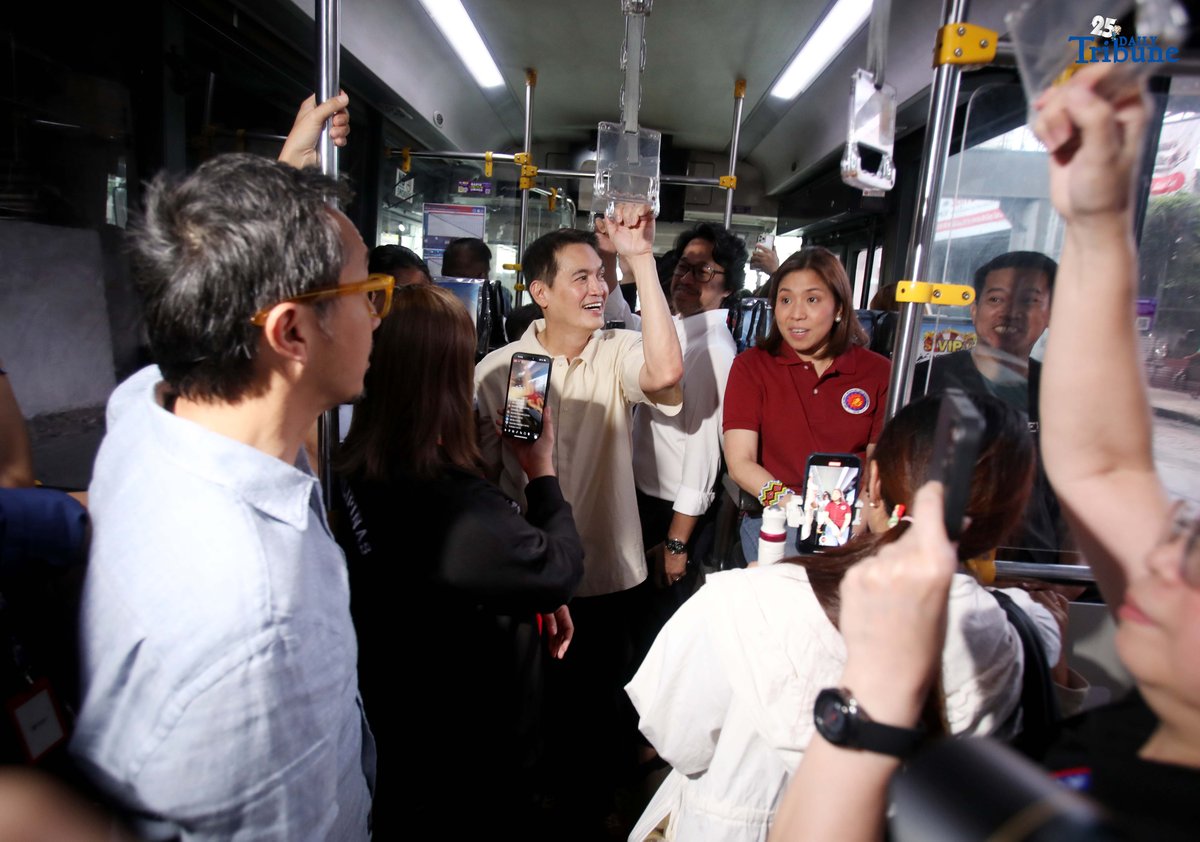 Department of Budget and Management (DBM) Secretary Amenah Pangandaman, DOTr Secretary Vince Dizon, and Rep. Franz Pumaren ride a carousel bus during the inspection of the ongoing rehabilitation of the EDSA-North Avenue Busway Station on Thursday, August 7, 2025.