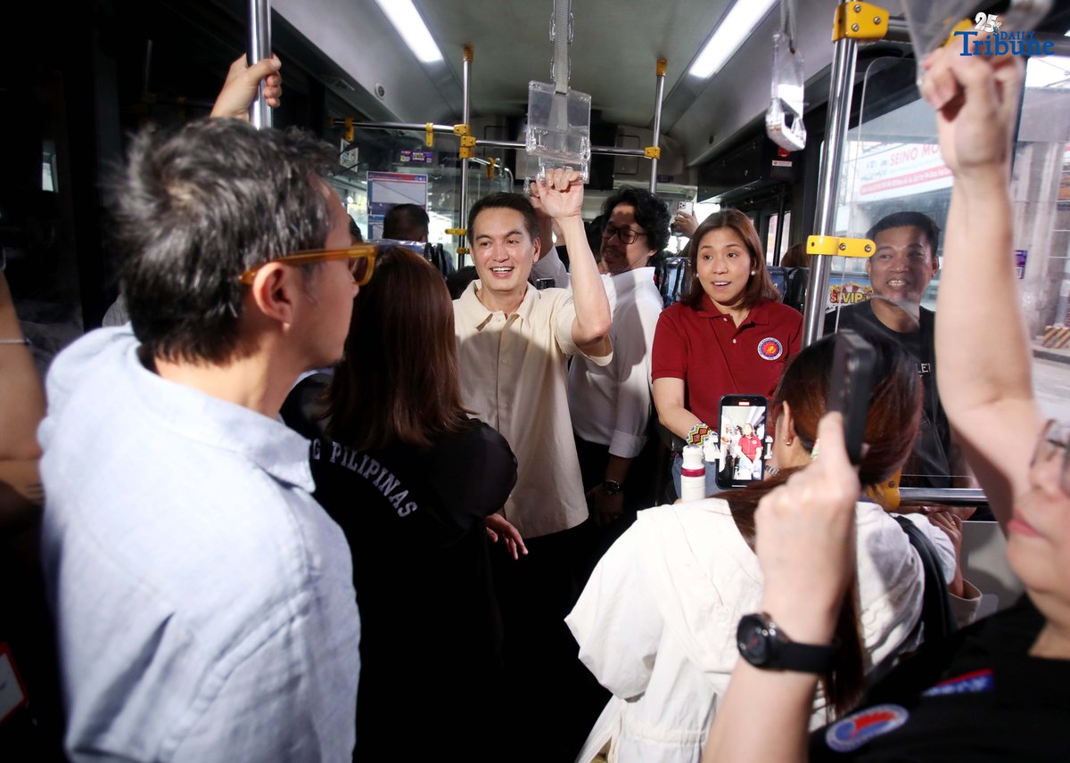 Department of Budget and Management (DBM) Secretary Amenah Pangandaman, DOTr Secretary Vince Dizon, and Rep. Franz Pumaren ride a carousel bus during the inspection of the ongoing rehabilitation of the EDSA-North Avenue Busway Station on Thursday, August 7, 2025.