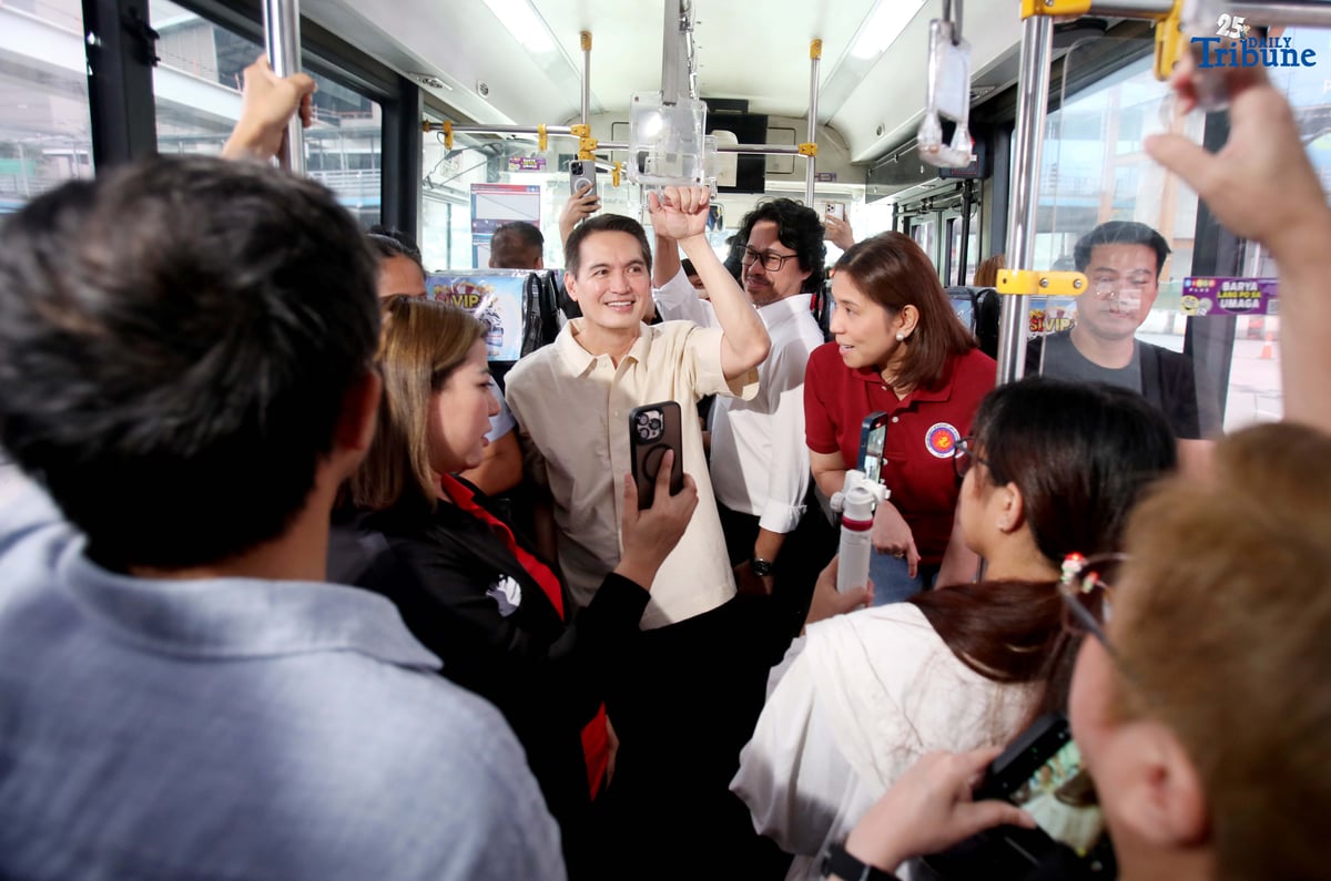 Department of Budget and Management (DBM) Secretary Amenah Pangandaman, DOTr Secretary Vince Dizon, and Rep. Franz Pumaren ride a carousel bus during the inspection of the ongoing rehabilitation of the EDSA-North Avenue Busway Station on Thursday, August 7, 2025.