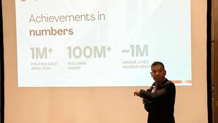 Lester Cruz, CEO of Singlife Philippines, presents its first half achievement in a press conference in Makati City on Thursday.