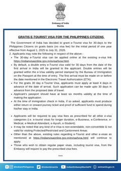 India rolls out free 30-day e-Tourist visa for Filipinos