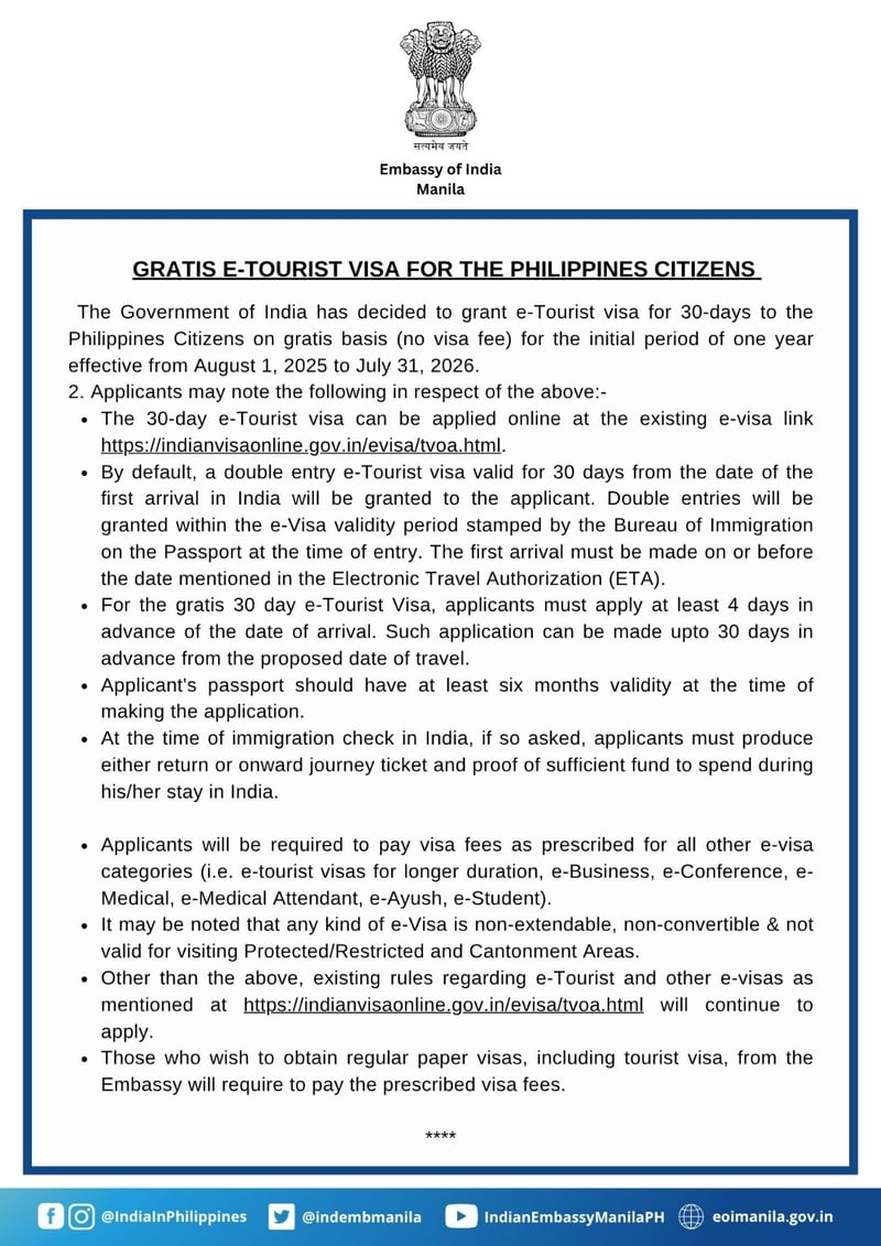 India rolls out free 30-day e-Tourist visa for Filipinos