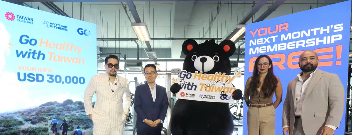 Representatives from Taiwan Excellence and partner institutions, Anytime Fitness and GCI, (from left) Reymond de los Reyes (Growth Circle International), Alex Lai (Taiwan Trade Center, Manila), Fu Bear (Taiwan Excellence mascot), Anne Constantino (Anytime Fitness Asia Corporate) and Mark de Joya (Anytime Fitness Asia).