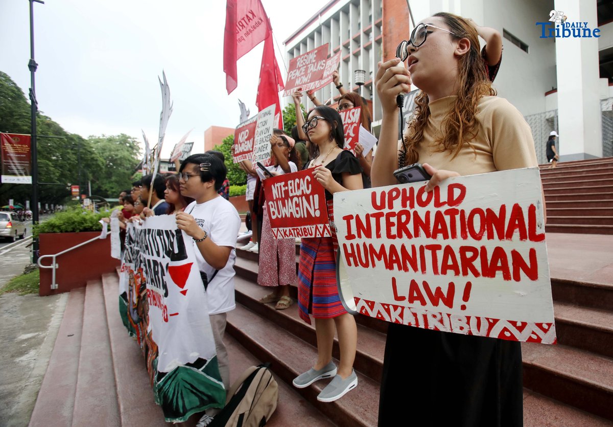 Members of the IP group Katribu stage a protest in front of Palma Hall at UP Diliman, Quezon City, on Tuesday, August 12, 2025, to mark the International Day of the World’s Indigenous Peoples.