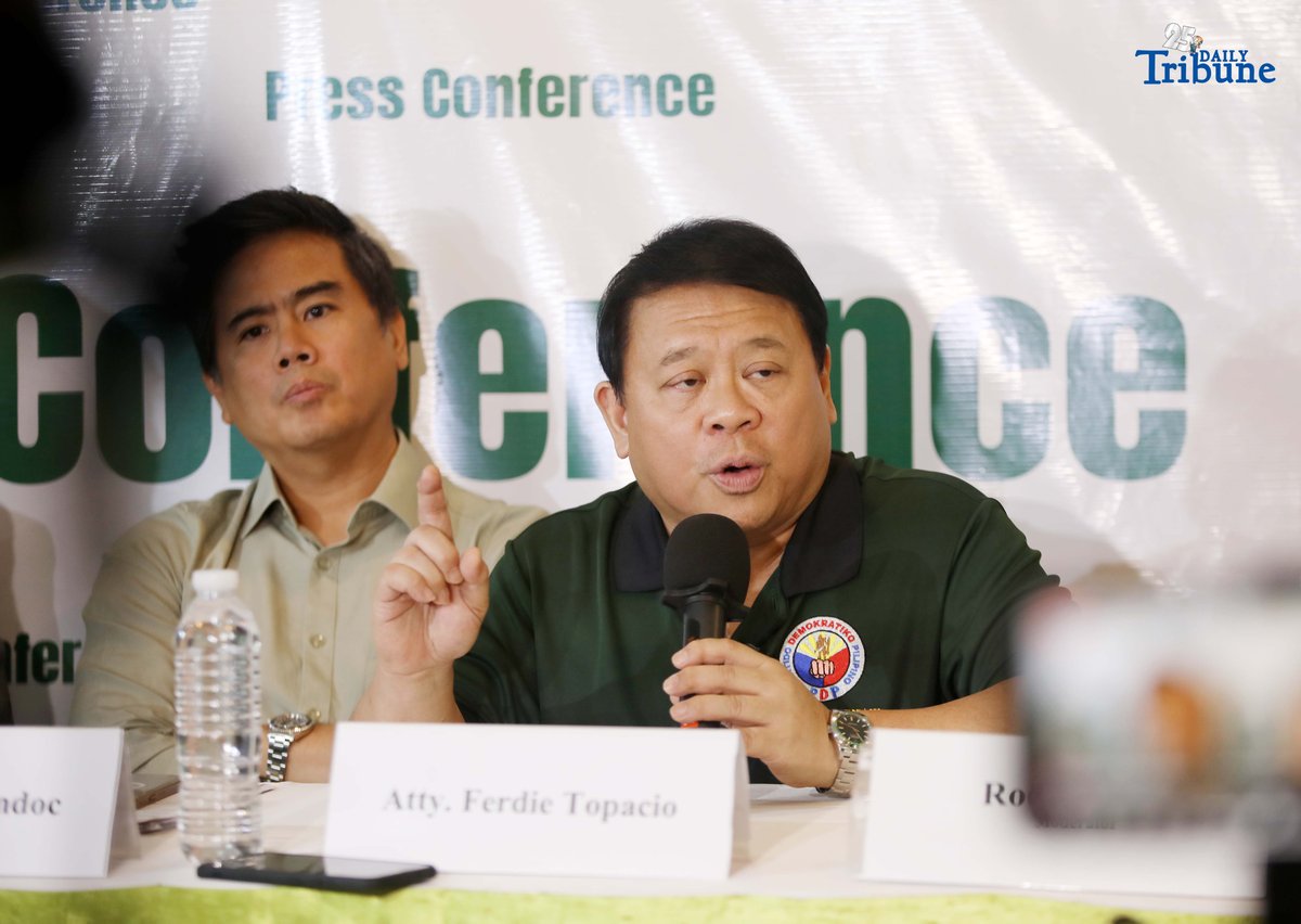 Members of the Partido Demokratiko Pilipino (PDP), led by Atty. Ferdinand Topacio with Atty. Jimmy Bondoc, former Negros Oriental congressman Atty. Jacinto “Jing” Paras, and its deputy spokesperson, hold a press conference in Quezon City on Monday, August 18, 2025. The group challenged President Ferdinand Marcos Jr. to establish a “truth commission” to conduct an impartial probe into alleged multibillion-peso flood control anomalies nationwide. They also announced plans to file an ethics complaint against Senator Risa Hontiveros for “disorderly behavior” linked to the retraction of one of her witnesses, Michael Maurillo, also known as Rene.