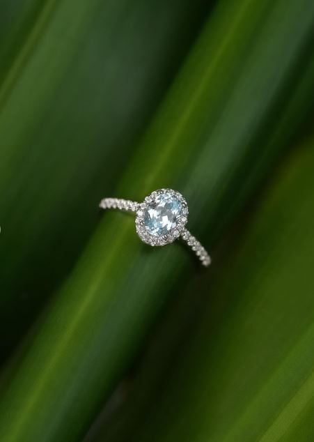 AQUAMARINE diamond halo ring.