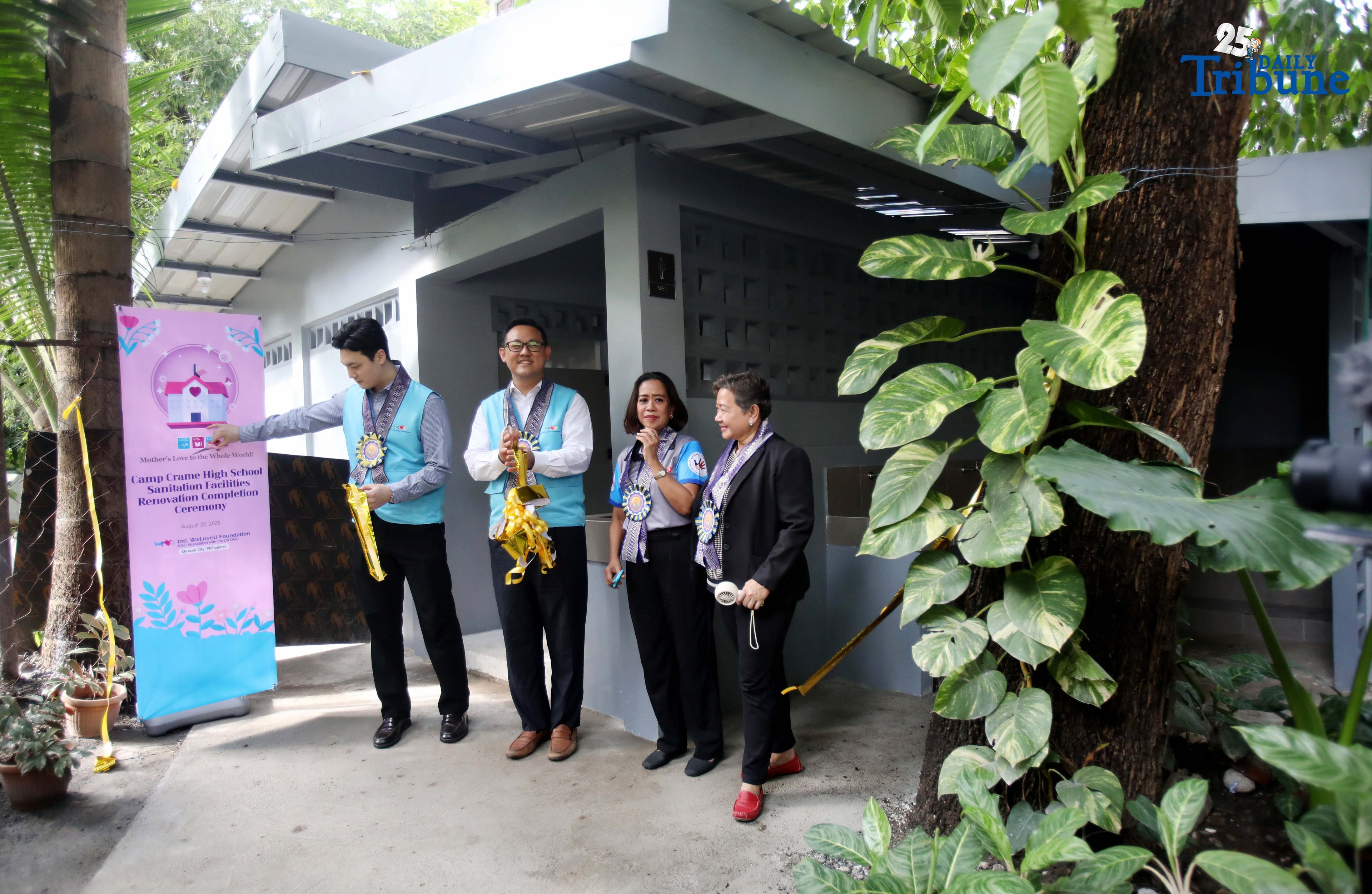 Quezon City Assistant Branch Manager of the International WeLoveU Foundation, Mr. Junha Lee; Quezon City Branch Manager, Mr. Michael Lee; Principal II Dr. Marife Talabucon; and Public Schools Division Supervisor Dr. Edna Galiza lead the symbolic ribbon-cutting during the turnover of newly renovated restrooms at Camp Crame High School on Wednesday, August 20, 2025. The WeLoveU Foundation embodies a mother’s love through volunteerism, striving to enhance the well-being of the global community regardless of nationality, race, socioeconomic status, or religious background.