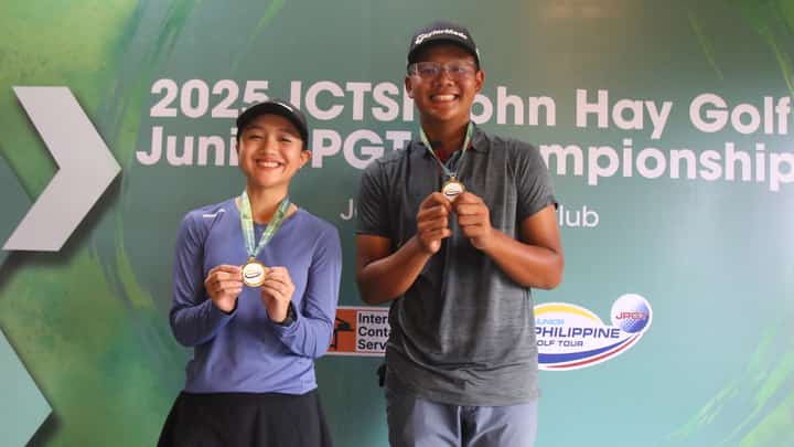 RAFA Anciano (left) and Jakob Taruc will be marching to the Elite Junior Finals oozing with confidence after winning the 15-18 division of the ICTSI John Hay Junior PGT Championship on Thursday.