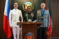 General Romeo S. Brawner Jr., AFP Chief of Staff, meets with LTC (GS) Philipp Doert, outgoing German Non-Resident Defense Attaché, and CDR Michael Radtke, incoming German Non-Resident Defense Attaché, during a courtesy call at Camp Aguinaldo, Quezon City on August 20, 2025.