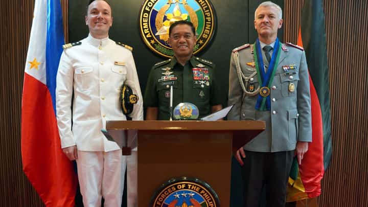 General Romeo S. Brawner Jr., AFP Chief of Staff, meets with LTC (GS) Philipp Doert, outgoing German Non-Resident Defense Attaché, and CDR Michael Radtke, incoming German Non-Resident Defense Attaché, during a courtesy call at Camp Aguinaldo, Quezon City on August 20, 2025.
