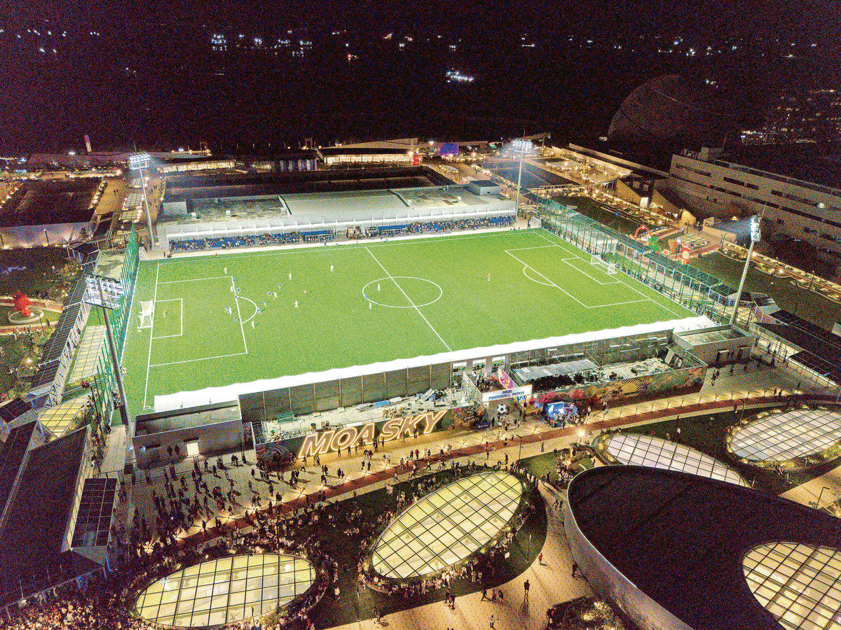 MOA Sky football pitch — Experience the thrill of the game like never before — on a world-class football field set above the city. Lights, action, and rooftop goals await at the MOA Sky.