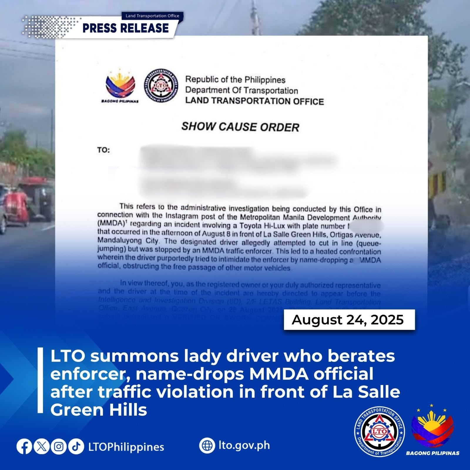 LTO summons lady driver who berated traffic enforcer, name-dropped MMDA official