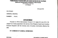 The appointment paper of Joseph Sy at the PCG Auxiliary