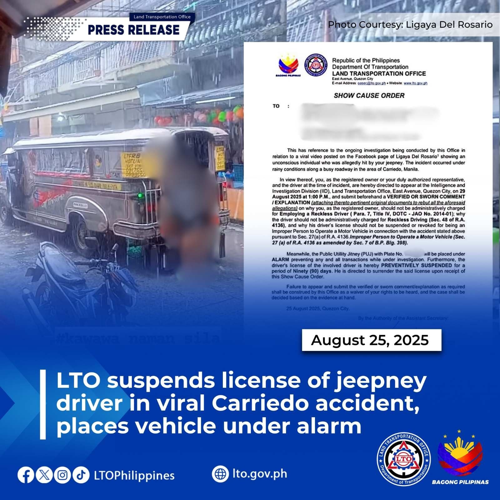LTO suspends license of jeepney driver in viral Carriedo accident