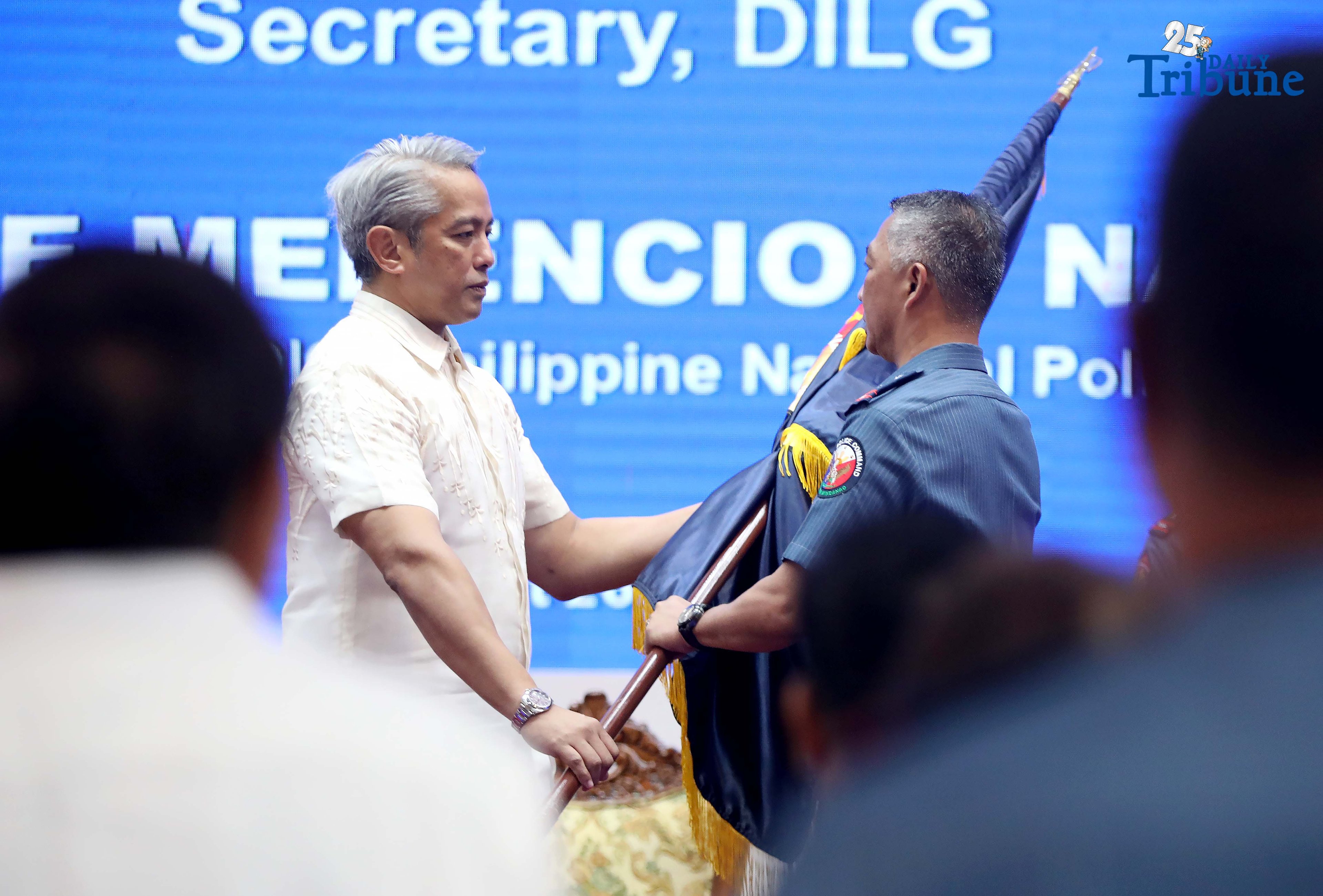 DILG Secretary Jonvic Remulla administers the oath of PLt. Gen. Jose Melencio Nartatez Jr. as officer-in-charge of the Philippine National Police during the assumption of command ceremony at Camp Crame, Quezon City, on Tuesday. Nartatez replaced PNP Chief Gen. Nicolas Torre III.