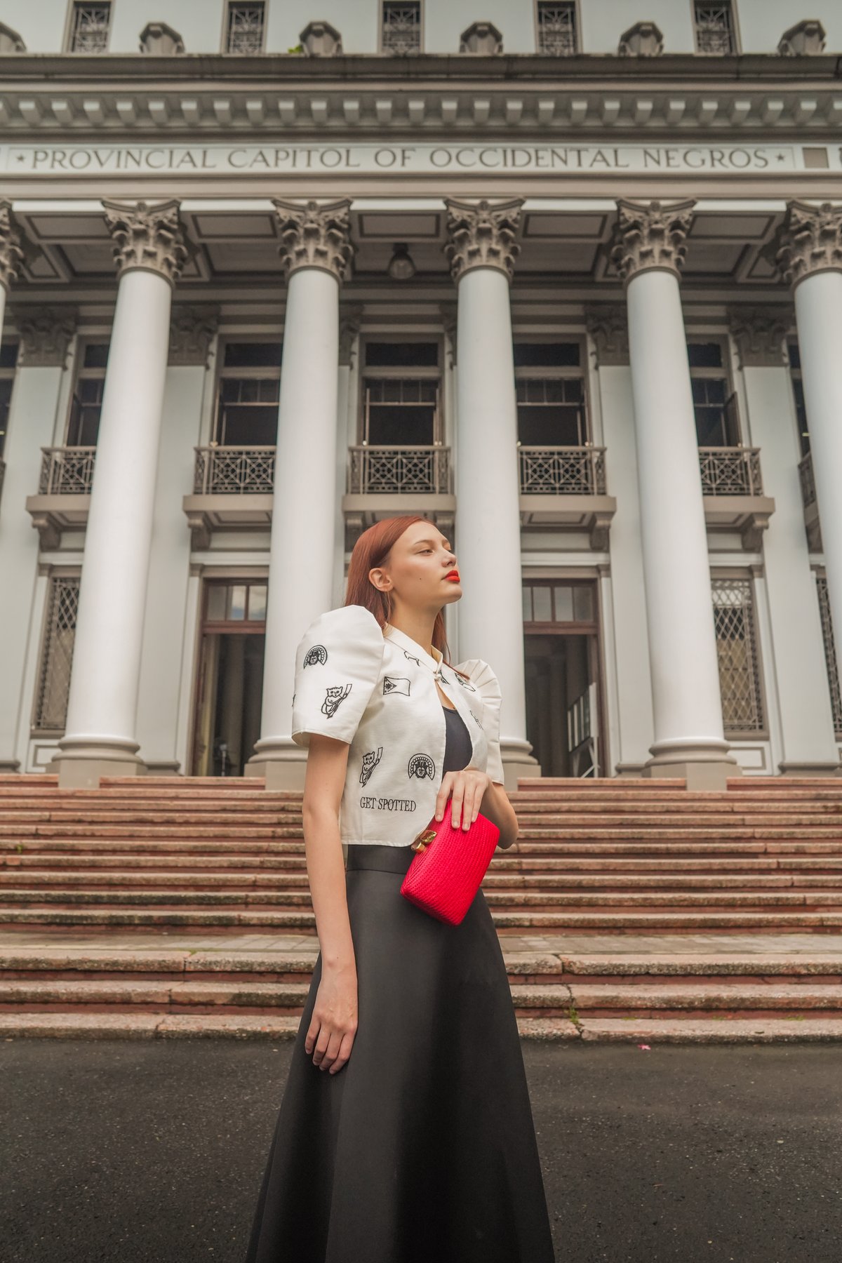 Top by Get Spotted, skirt by Donata by Kate Singson, bag by Bevz Handicrafts. Location: Bacolod, Negros Occidental Provincial Capitol.