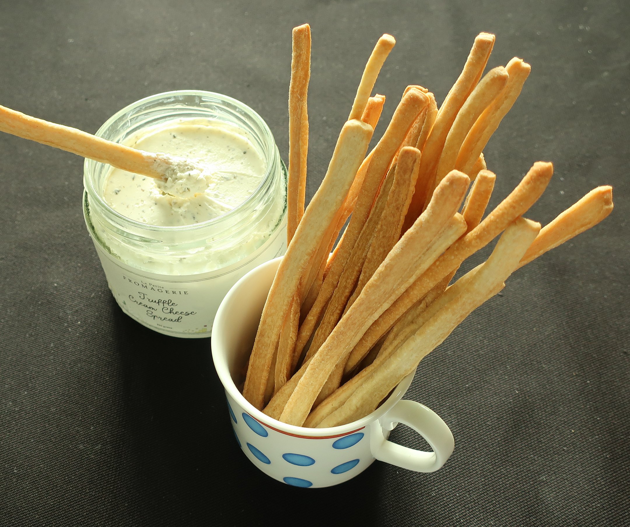 Truffle Cream Cheese Spread on Mini Breadsticks.