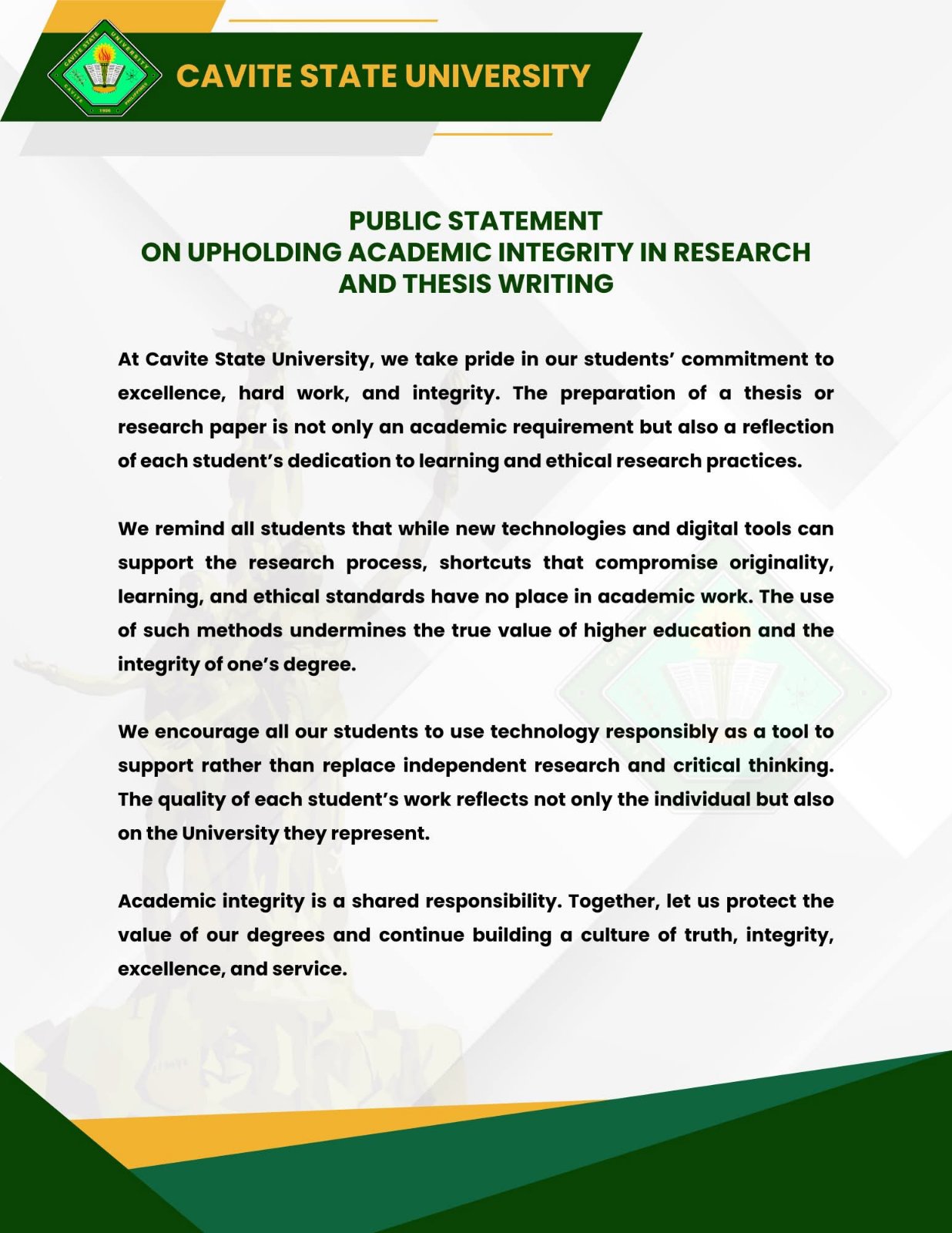 Cavite State University issues a statement amid the P5000 AI-thesis issue, 28 August.