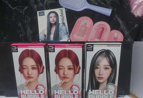 K-beauty: Jennyhouse hair color with free comb and hair care samples (top); Mise en Scene Hello Bubble buy-one, take-one hair color and another one I got for free from the spin wheel game.