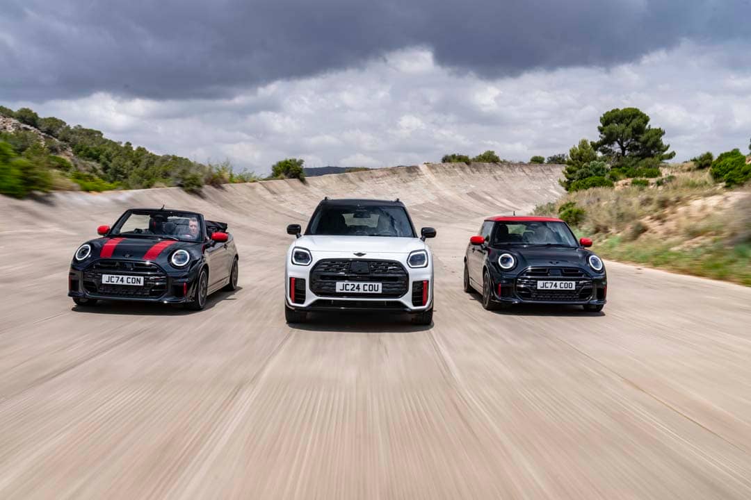 THE MINI John Cooper Works family is in full stride, with the Convertible, Countryman ALL4, and 3-Door charging down the track together to showcase their distinct performance styles.