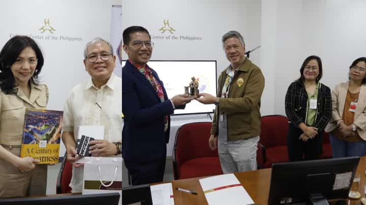 CCP president Kaye Tinga with Jose Rizal University's vice president for Academic Affairs Dr. Miguel M. Carpio and CCP Vice President for Administration Jose Victor Gaite with PLM president Domingo Reyes Jr., Prof. Luningning Galindez, Prof. Cecile Sabordo, and Relson Moral.